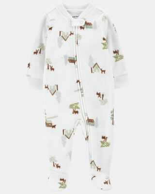Baby Boy Barn Print Fleece Sleep & Play Pajamas - White