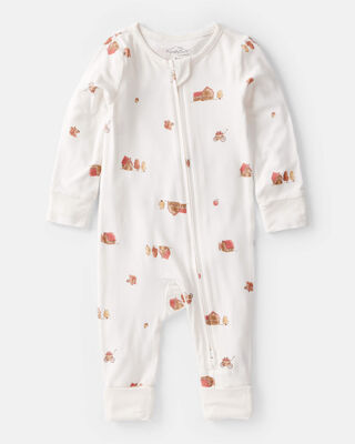 Baby Barn Print PurelySoft Long-Sleeve 2-Way Zip Sleep & Play Pajamas - White