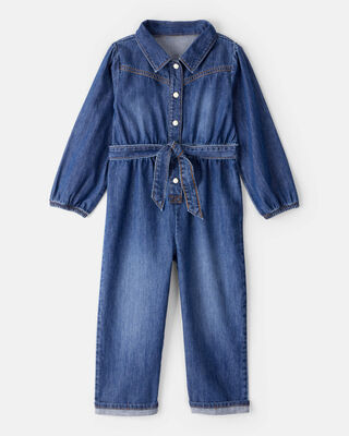 Toddler Girl Denim Cotton Long-Sleeve Jumpsuit - Smokey Wash