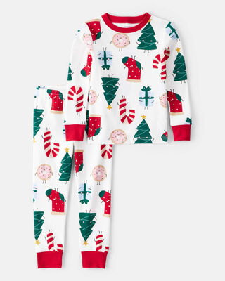 Toddler Festive Friends Christmas 100% Cotton Long-Sleeve Snug Fit 2-Piece Pajamas - White