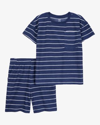 Boys Striped Loose Fit Waffle Knit 2-Piece Pajamas - Navy
