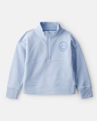 Girls Smiley Face Print Quarter-Zip Pullover Sweatshirt - Blue