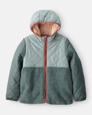 Boys Long-Sleeve Midweight Quilted Sherpa Jacket - Green