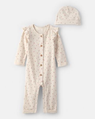 Baby Girl 2-Piece Button-Down Jumpsuit & Cap Set - Ivory