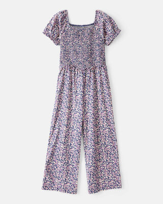 Girls Floral Smocked Short-Sleeve Jumpsuit - Navy/Purple