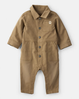 Baby Boy Canvas Long-Sleeve Jumpsuit - Brown