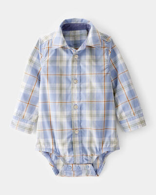Baby Boy Poplin Plaid Button-Front Long-Sleeve Bodysuit