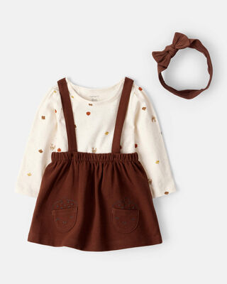 Baby Girl 3-Piece Thanksgiving Print Dress Set - White/Brown