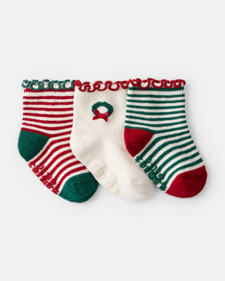 Baby Girl 3-Pack Christmas Striped Ankle Socks