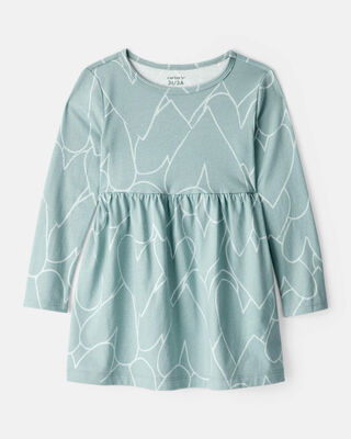 Toddler Girl Heart Print Long Sleeve Cotton Dress - Green