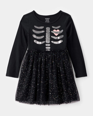 Toddler Halloween Skeleton Glitter Tulle Dress - Black
