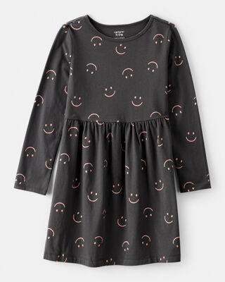 Girls Smile Print Long Sleeve Cotton Dress - Black