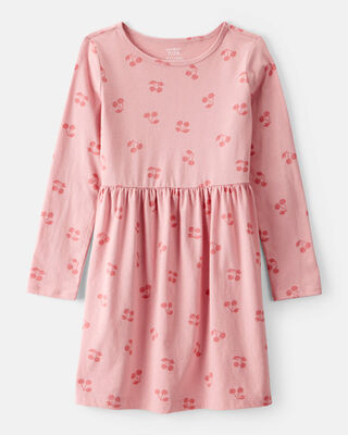 Girls Cherry Print Long Sleeve Cotton Dress - Pink
