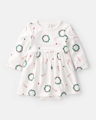 Baby Girl Wreath Print PurelySoft Long-Sleeve Bodysuit Dress - White