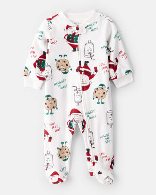 Baby Beige Santa Milk & Cookies Loose Fit Fleece Long-Sleeve Sleep & Play Pajamas - White