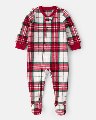 Toddler Plaid Print Fleece Long-Sleeve Loose Fit 1-Piece Pajamas - Red/White
