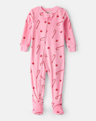 Baby Girl Peppermint Print DreamPlush Long-Sleeve Snug Fit 1-Piece Pajamas - Pink