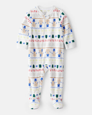 Toddler Snowman Fair Isle Fleece Long-Sleeve Loose Fit 1-Piece Pajamas - White