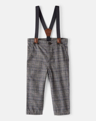 Baby Boy Plaid Cotton Pants With Suspenders - Grey