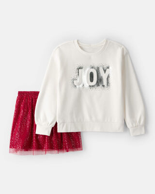 Girls Christmas 2-Piece Joy Long-Sleeve Top & Skirt Set - White