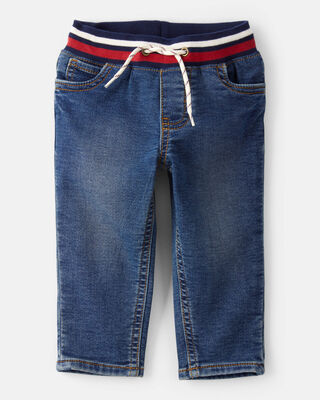 Baby Boy Straight Pull-On Varsity Denim Pants - Medium Wash