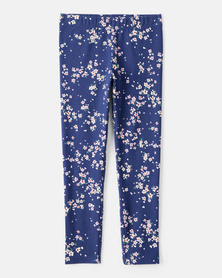Girls Floral Cotton Pull-On Stretch Leggings - Navy