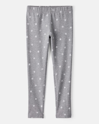 Girls Snowflake Print Cotton Pull-On Stretch Leggings - Grey
