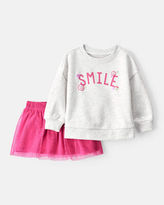 Baby Girl Smile Long-Sleeve Top & Tulle Skort Set - Grey/Pink