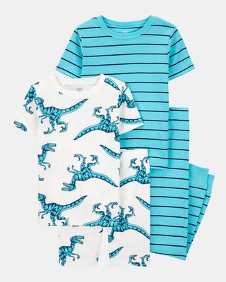 Boys 4-Piece Striped Dinosaur 100% Snug Fit Cotton Pajamas - Turquoise