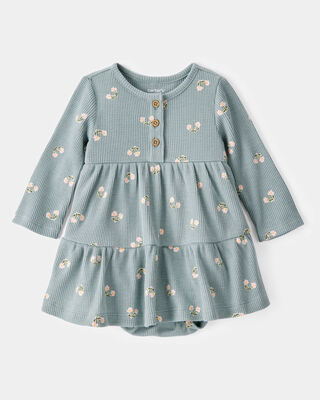 Baby Floral Waffle Knit Bodysuit Dress - Green
