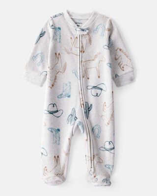 Baby Boy Western Cowboy Print Loose Fit Long-Sleeve Sleep & Play Pajamas - Grey