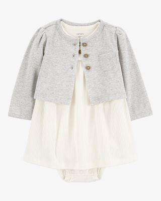 Baby Girl 2-Piece Bodysuit Dress & Cardigan Set - Grey/White