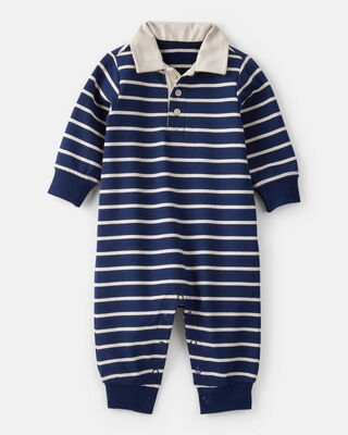 Baby Boy Cotton Long-Sleeve Polo Jumpsuit - Navy/White
